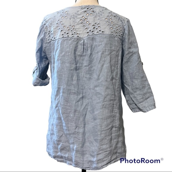 Lungo L'Arno medium 100% linen blue scoop neck button down 3/4 Roll Tab Sleeve - Picture 3 of 12